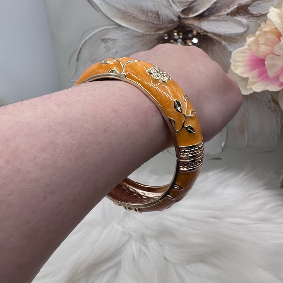 The Orange and Gold Thick Enamel Floral Design Bangle Bracelet - Picture 6 of 6